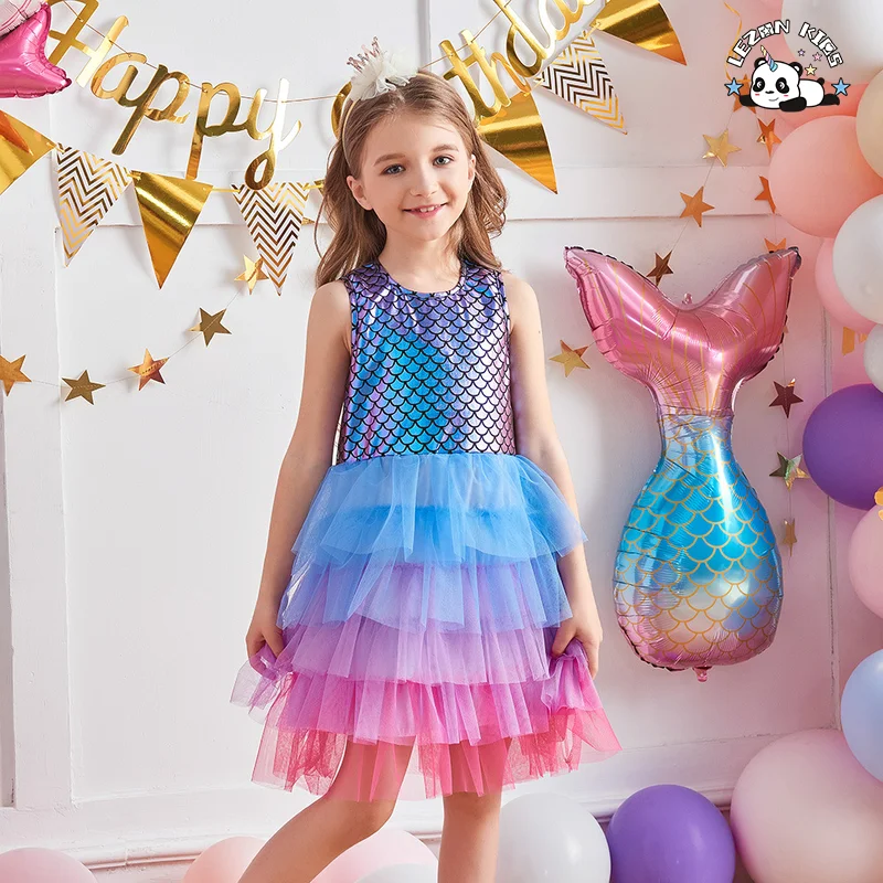 LEZONKIDS - Custom Girls' Casual Mermaid Tutu Dress Layered Floral Print Lace Decor Formal Sweet Summer Outfit for Kids